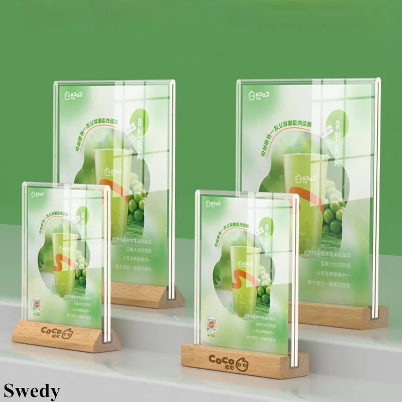 5 Pieces A5 148X210MM Wood Acrylic Sign Holder Display Stand Restaurant Menu Price Label Holder Table Poster Photo Picture Frame