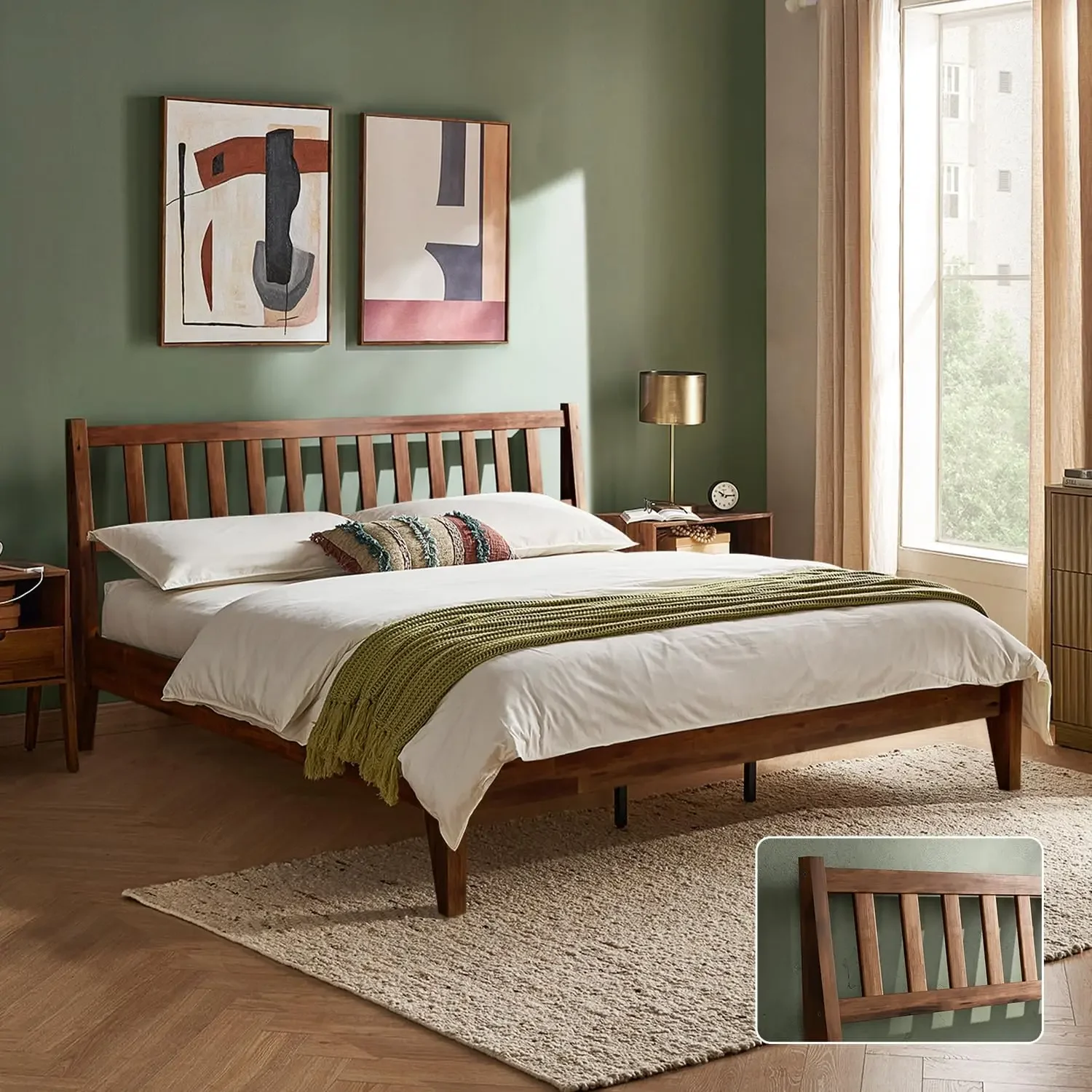 mopio Ted Bed Frame with Headboard, Mid Century Modern Acacia Solid Wood Platform Bed Frame, Wooden Bed Slats, No Box Spring Nee