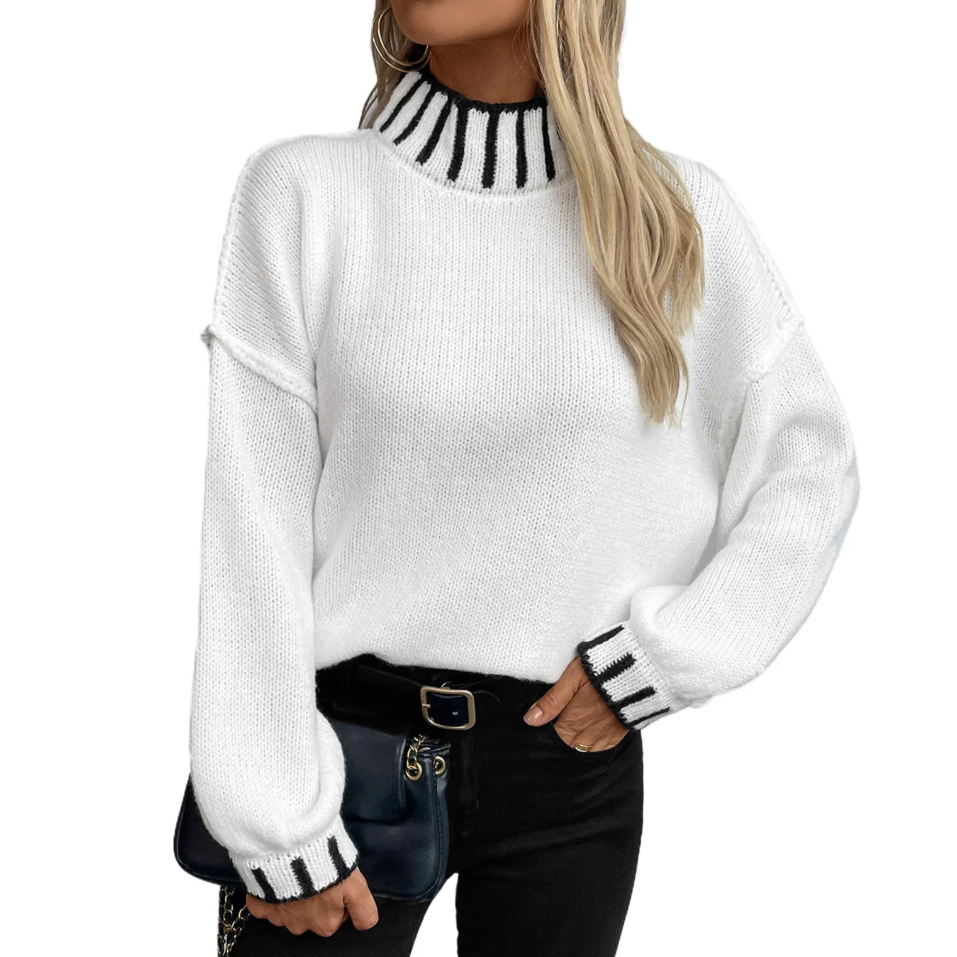 

Autumn and winter new cross-border striped pullover turtleneck sweater women's loose large size knitted sweater top women