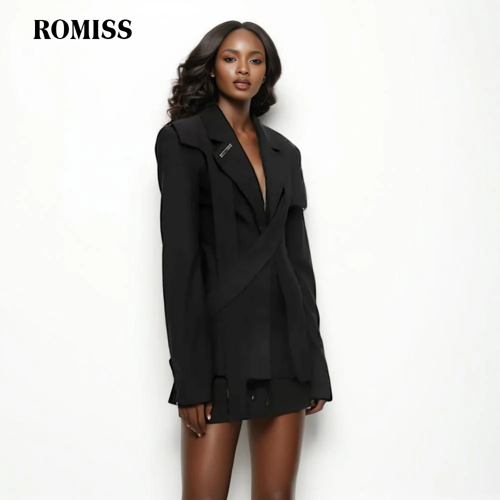 

ROMISS Solid Spliced Button Tunic Blazers For Women Notched Collar Long Sleeve Patchwork Lace Up Slimming Blazer Female