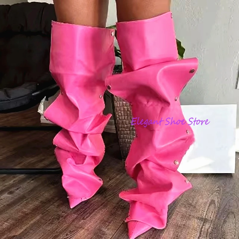 Pointed Toe Thin High Heel Women's Long Boots Fashion Pleated Metal Button Stiletto Heels Knee High Boots Sexy Party Dress Shoes