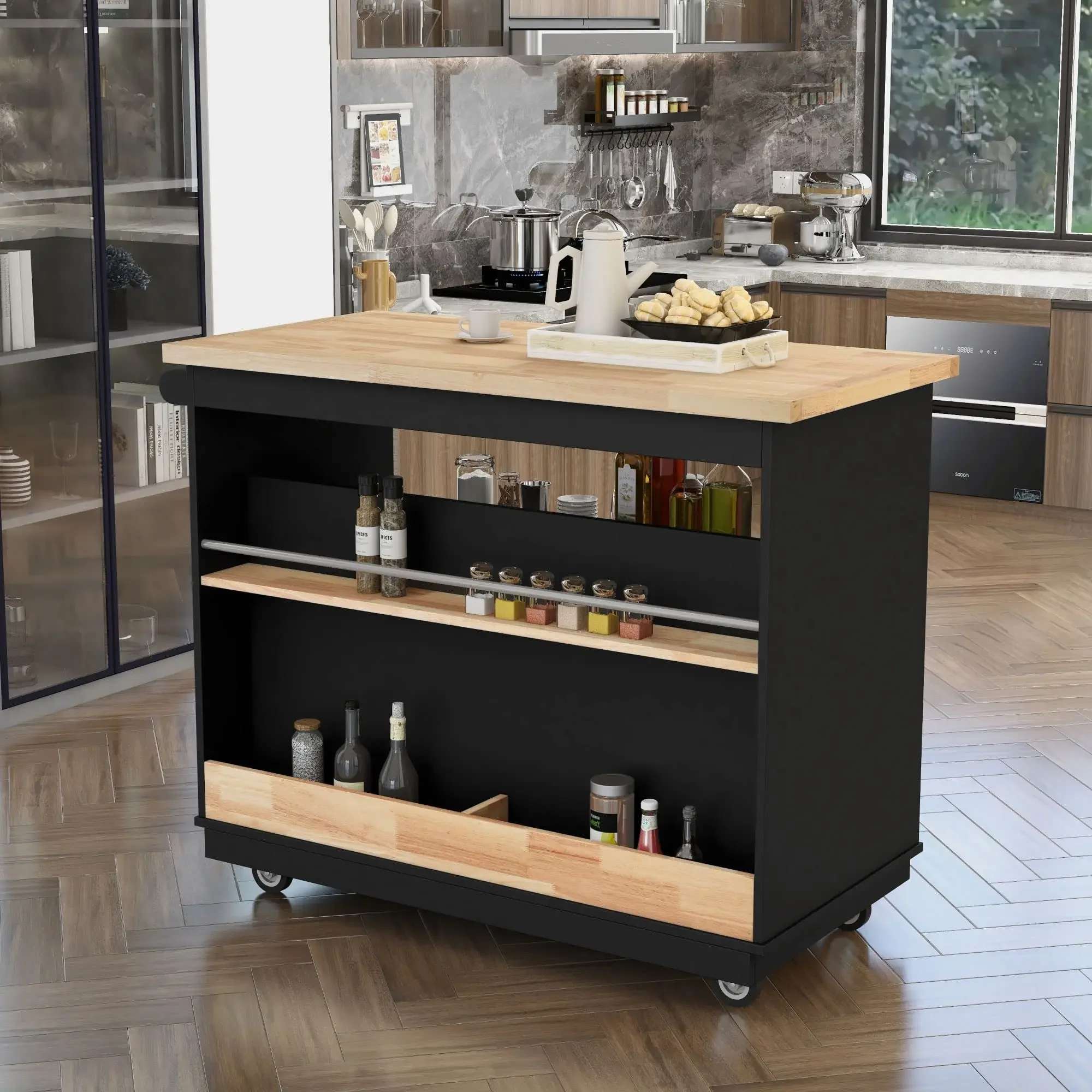 Rolling Mobile Kitchen Island, Carrinho De Armazenamento Lateral, Carrinho De Ilha De Cozinha