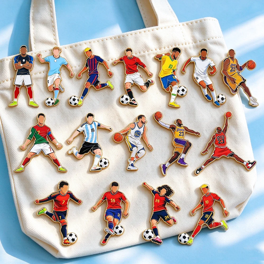 Random Football Player Star Enamel Pins, Soccer & Basketball Athlete Metal Lapel Brooch, Cartoon Sports Player Decor Badge