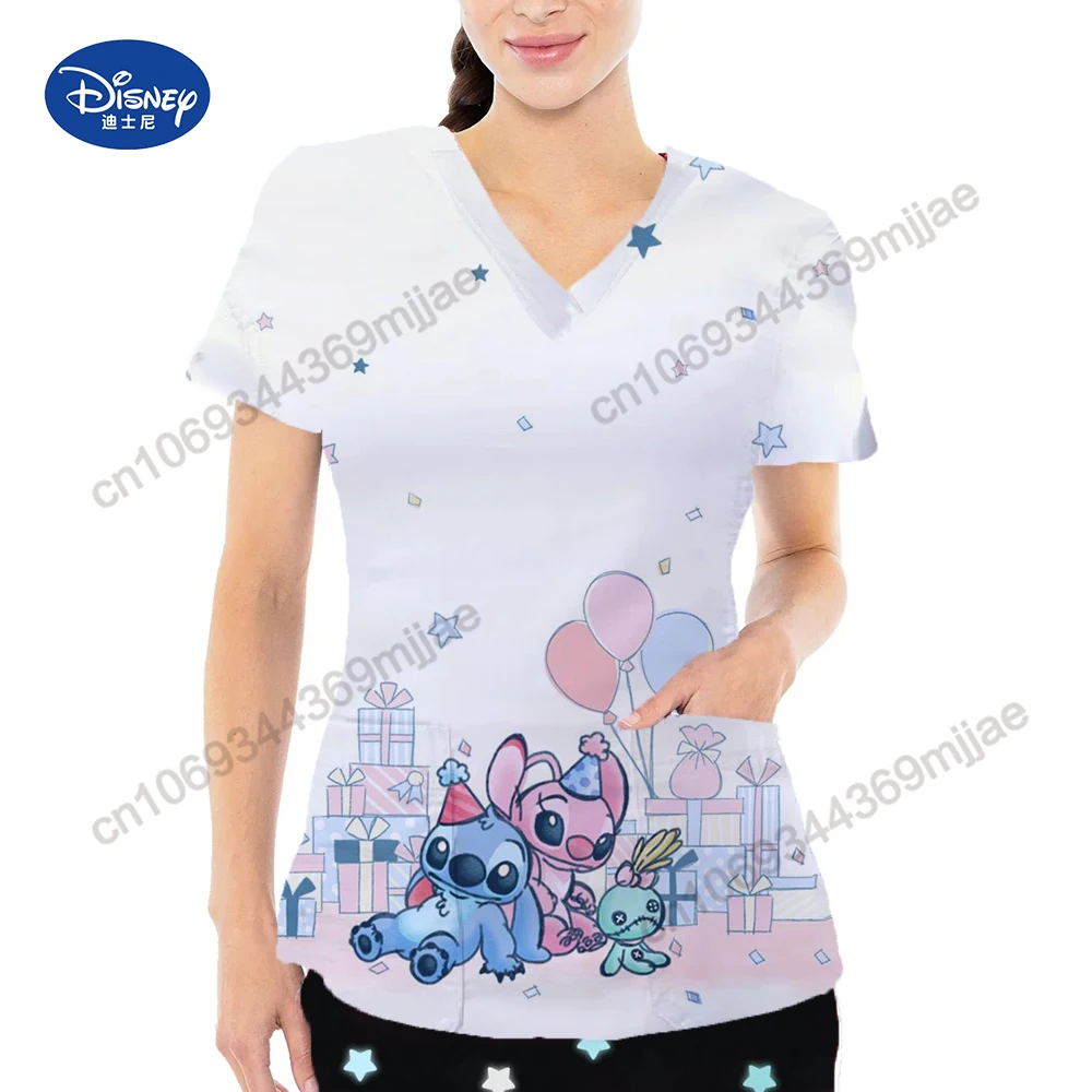 New Casual Women's Clothes Free Shipping V-neck Two-Pocket Design Female Tops Cartoon Pattern Short Sleeves T-shirts for Women