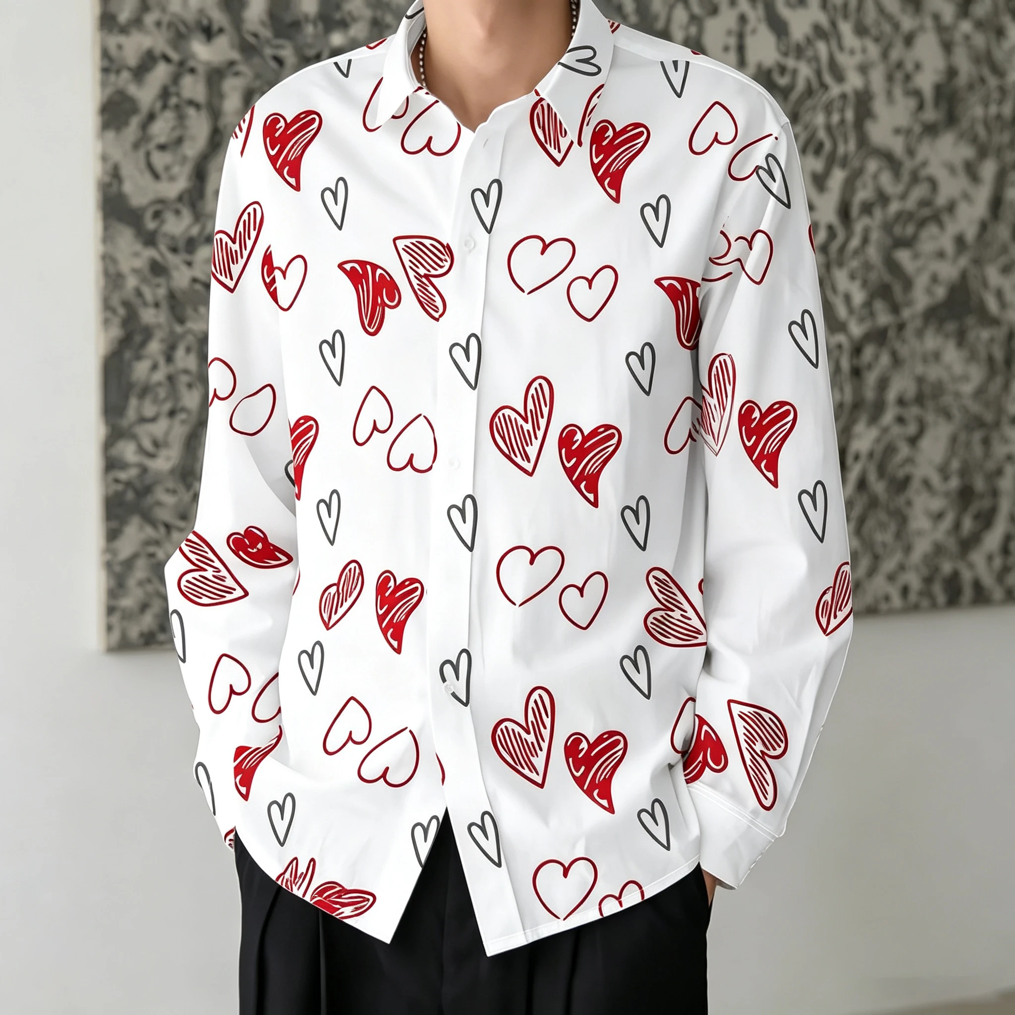 Fresh and hand-painted red and gray heart all-over print men's long-sleeved shirt, loose-fitting and drapey, perfect for dates.