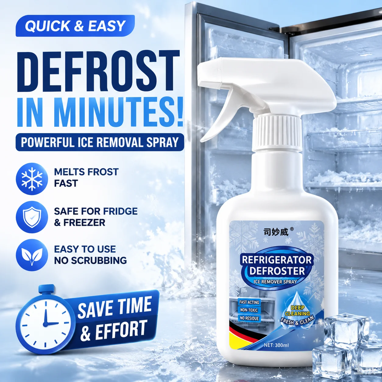 Refrigerator defrosting and cleaning agent, household quick defrosting and non removable refrigerator, dirt and odor removal