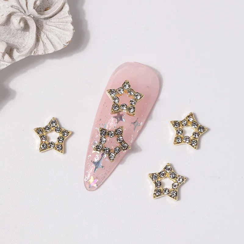 10pcs Hollow Star Nail Art Charm Shiny Crystal Pentagram Diamond Nail Art Decoration 3D Alloy Luxury Nail Rhinestone Accessories