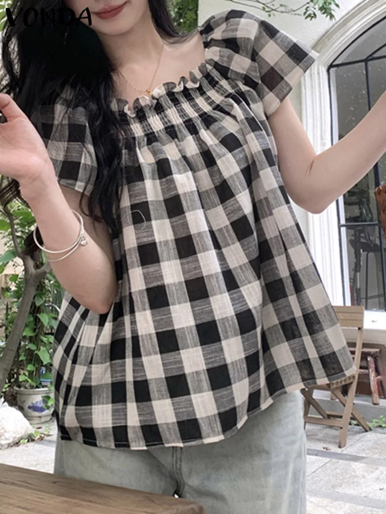 Plaid Blouse VONDA 2024 Summer Women Short Sleeve Loose Bohemian Printed Square Collar Tops Casual Shirts Vintage Blusas Femme