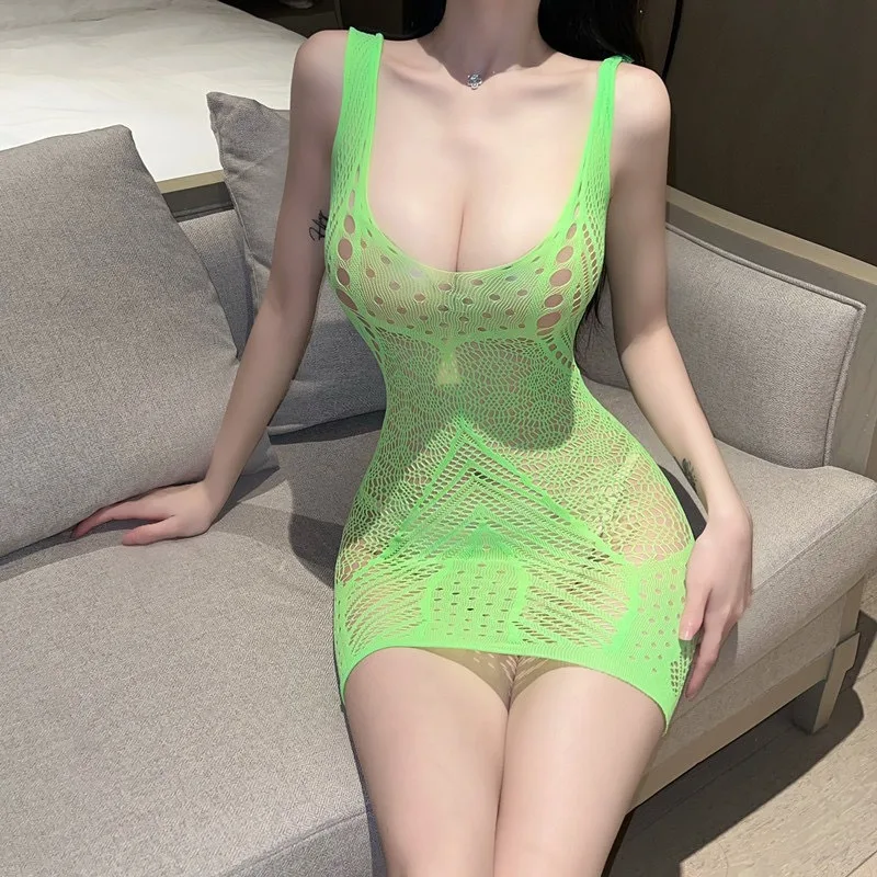 European and American Women's Sexy Fishing Net Hollow Out Lingerie No Take Off Bag Hip Skirt Slim Fit Backless Camisole Skirt