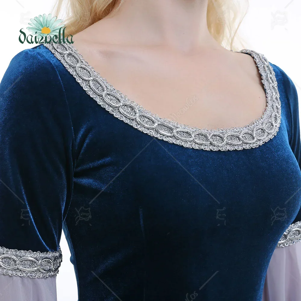 DAIZBELLA-Vestido retrô de veludo de elfo fada com mangas, traje cosplay medieval, vestido medieval, azul escuro, feito à mão