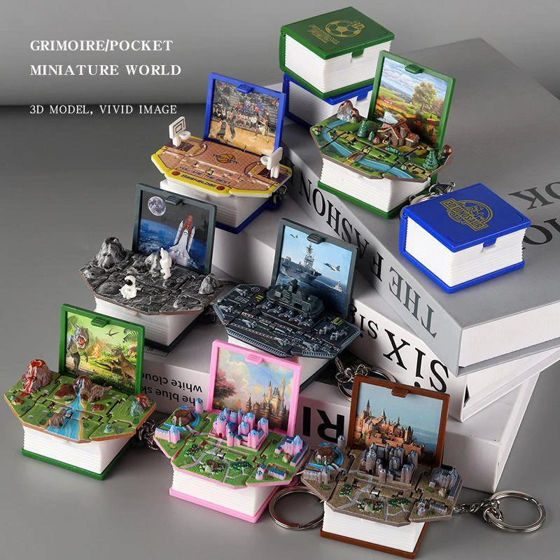 Anxiety Stress Relief Children Kids Toy Christmas Gift Fold Book Keychain 3D Dinosaur Castle Popup Keyring 1PC