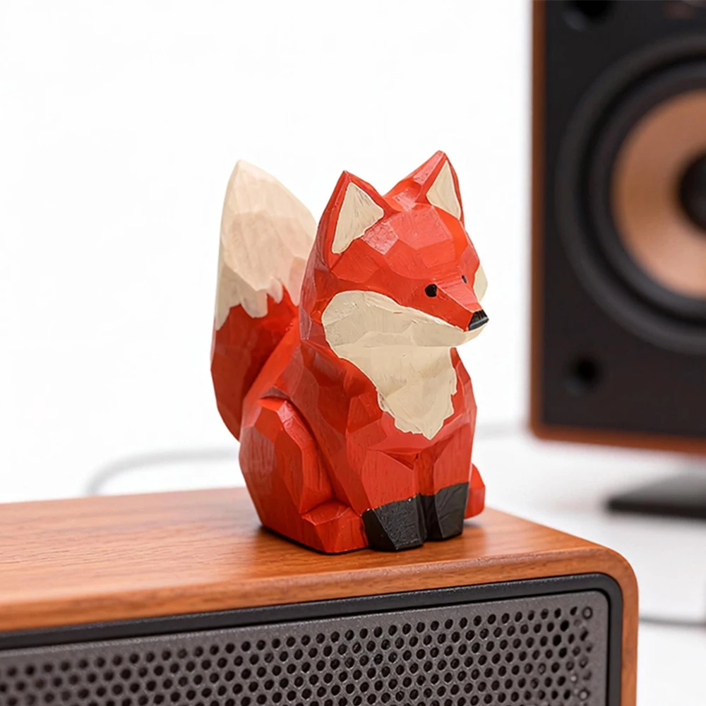 Vintage Handmade Solid Wood Fox Sculpture Statue Miniature Animal Figurines Desktop Ornament for Home Office Decoration Gift
