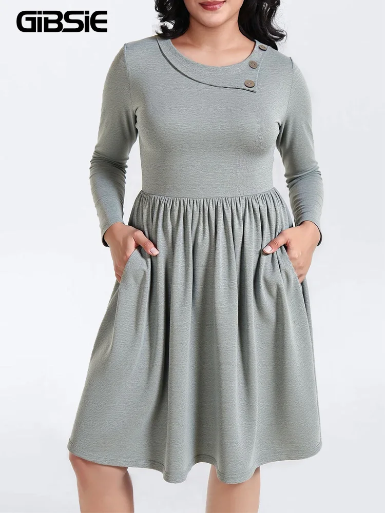 

GIBSIE плюс размер, однотонное повседневное вязаное платье на пуговицах, женское осеннее платье миди с длинными рукавами и карманами, высокой талией, осень 202, платья миди