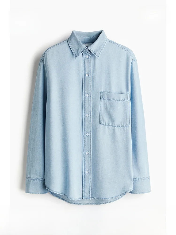 

Loose Long Sleeve Women's Denim Shirt Collared Casual Style H&M Fashion 100% Lyocell Fabric Vintage Blue Classic Fit Top