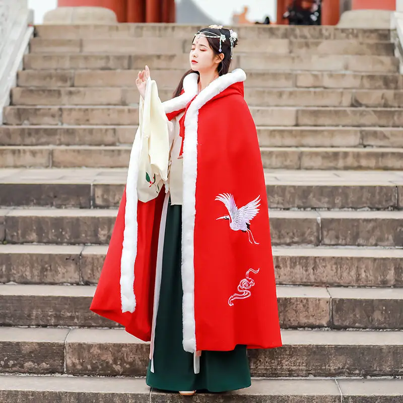 Autumn Winter New Embroidery Antique Cloak Hanfu Women Retro Red Chinese Style Cape Female Warm Thick Cosplay Mantle Costume