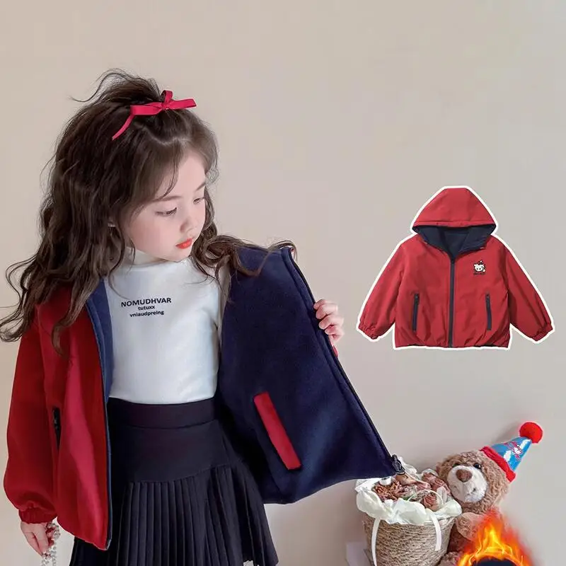 Sanrio Hello Kitty Winter Coat Girl Thicken Jacket Reversible Hoodie Tops Child Kawaii Anime Cartoon Fashion New Casual Clothing