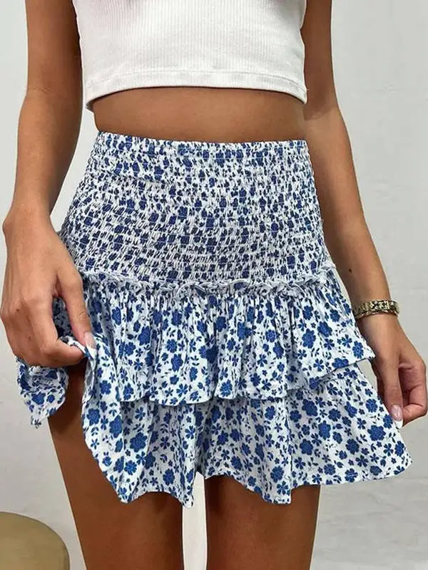하이웨이스트 플로럴 러플 플리츠 스커트 스트리트 스타일 캐주얼 마이크로 엘라스틱 웨이스트 폴리에스터 원단 프린트 스커트 여성용