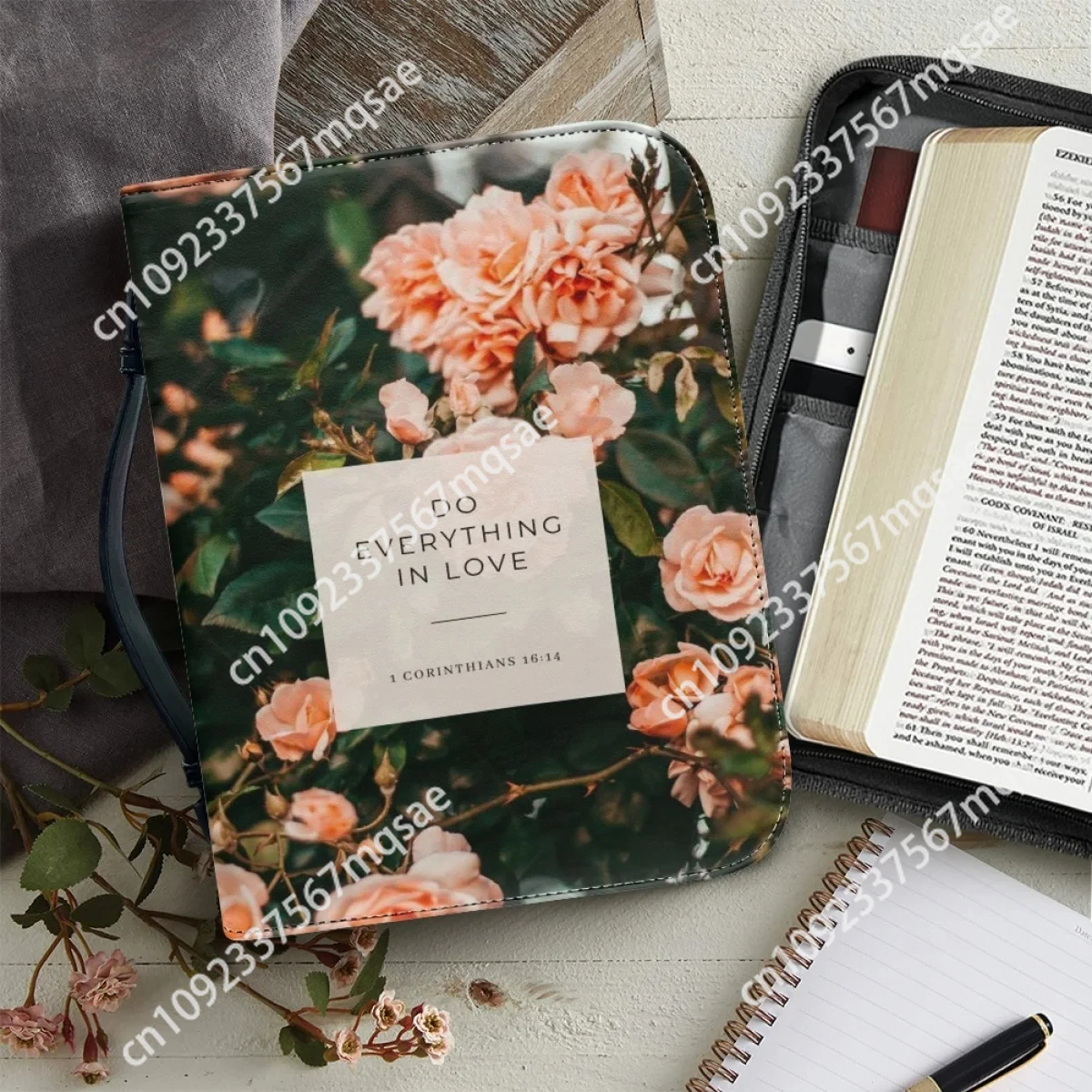 

Fashion Floral Style Flower Design Bible Bag Women Leather Handbag Zipper Classic Model Practical Bag Protection Bible Fashion