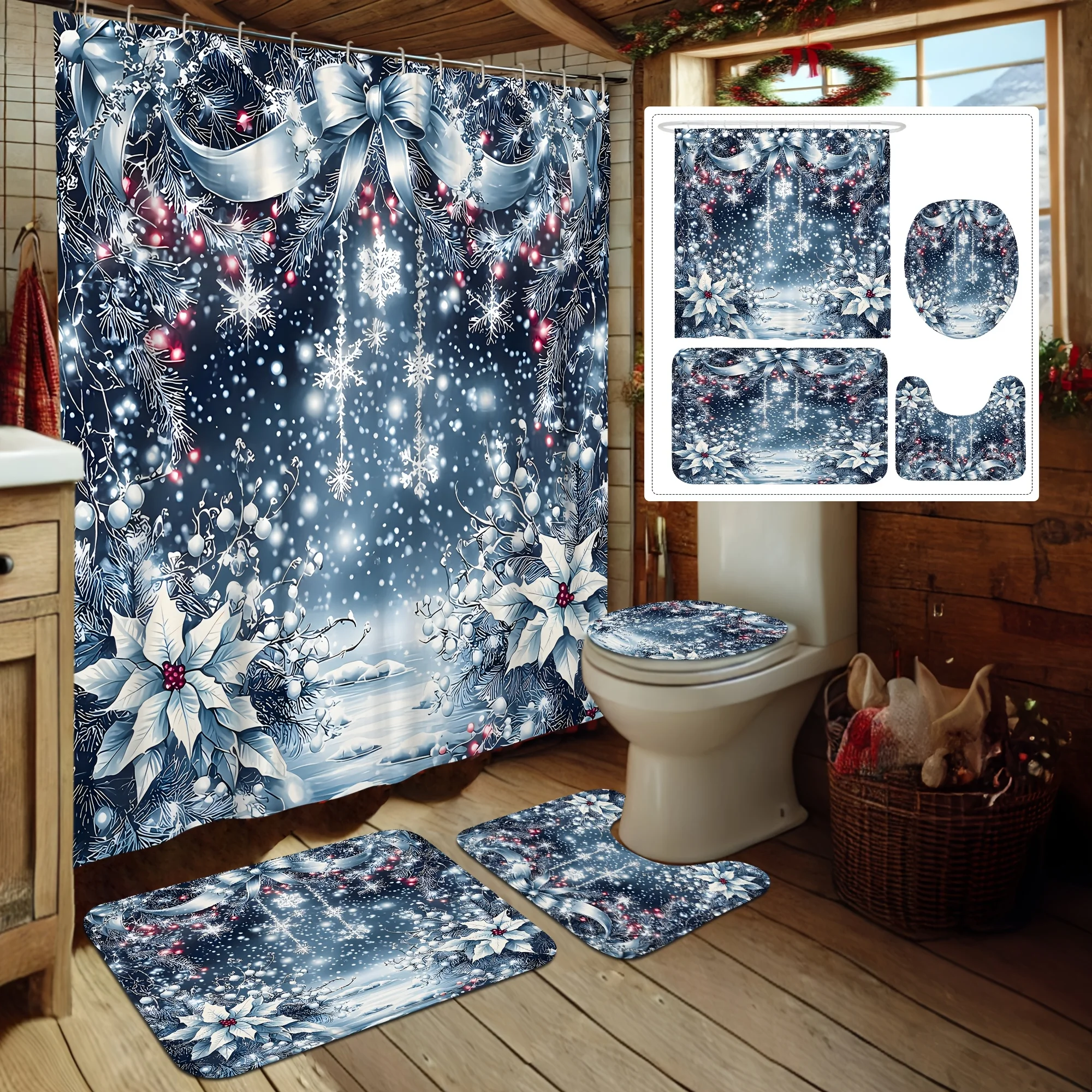 

Рождественский набор из 4 предметов, снежинки и бант, цветок Quinicoe, роскошь синего серебра, 12 крючков, нескользящий коврик, U-образный чехол, праздничный подарок для ванны