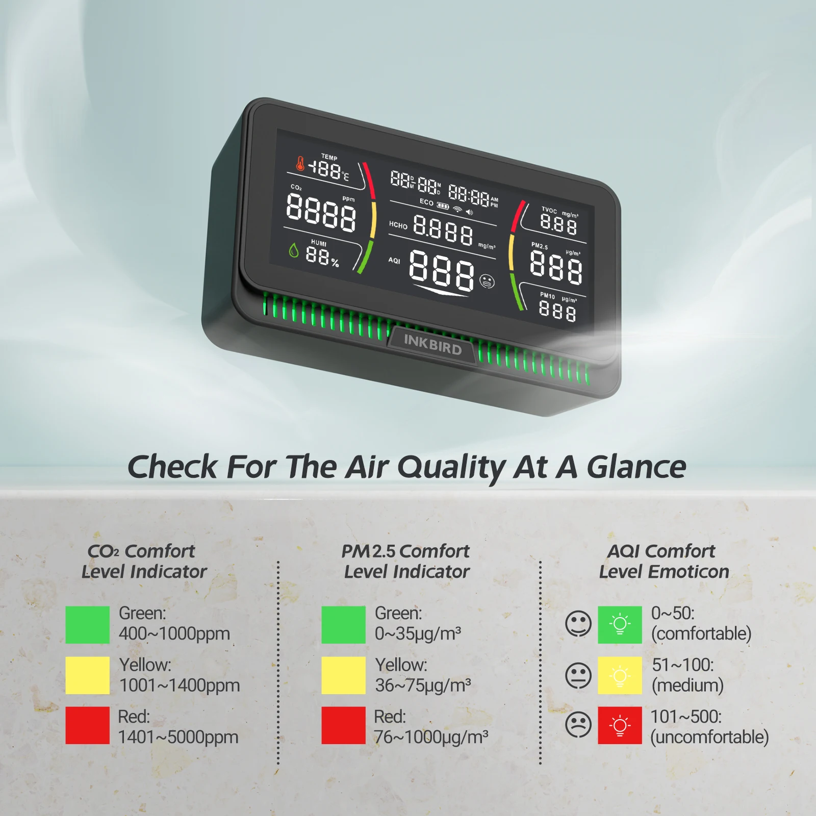 10-w-1 Monitor jakości powietrza Wifi z 6-calowym dużym kolorowym ekranem dla CO2 TVOC HCHO AQI PM2.5 PM10 wilgotność temperaturowa