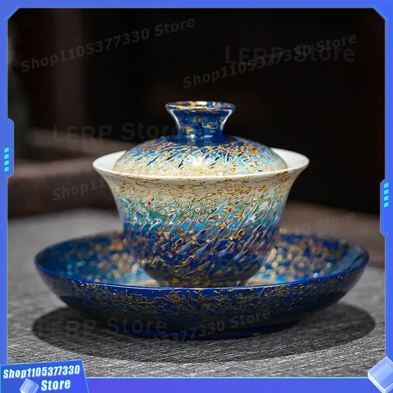 Large Lacquer Tea Set Manual Rhino Skin Texture Blue Gradient Cover Bowl Chinese Style High End Gift Box Traditional
