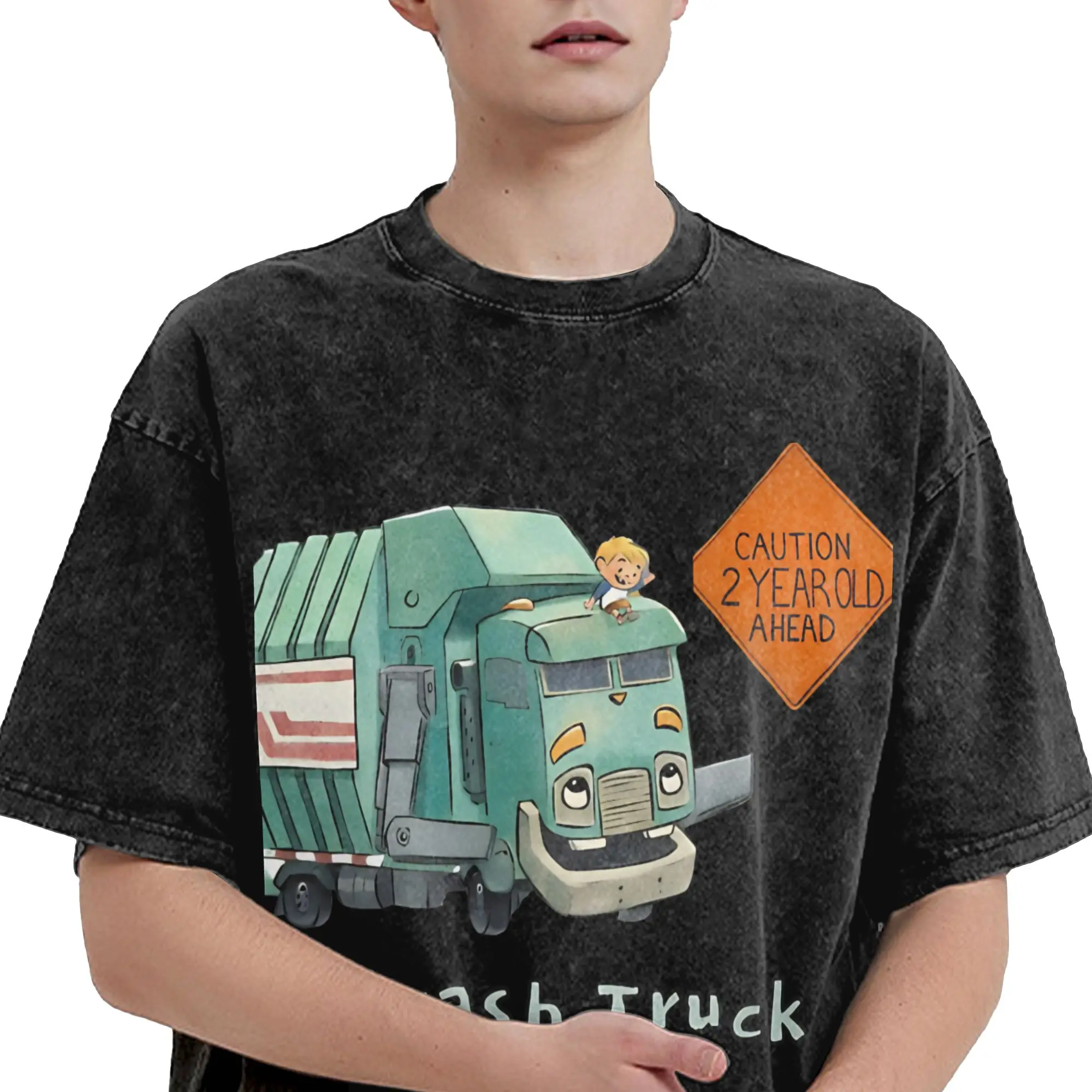 Trash Truck anime T Shirt Hip Hop Washed Short Sleeve Oversize T-Shirt  Vintage Men Women Streetwear Printed Tees