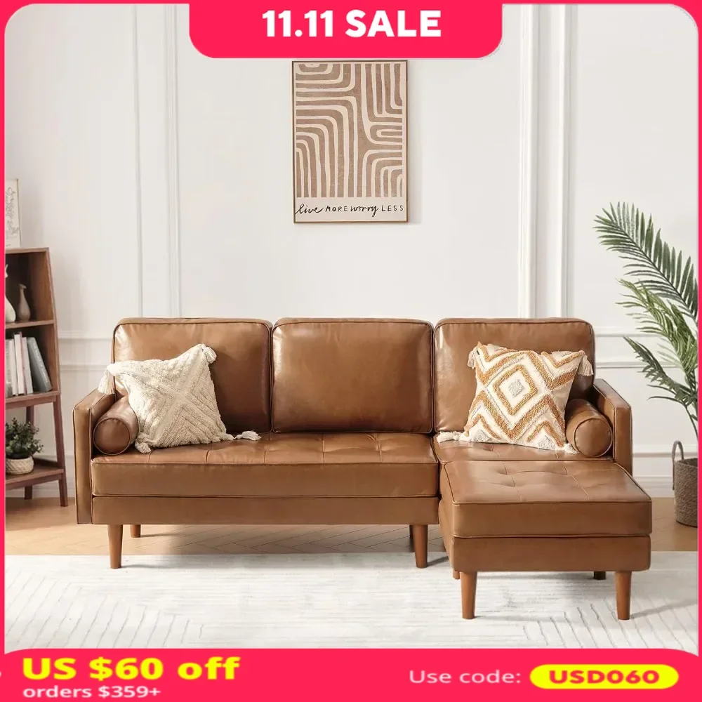 

Sectional Couch Sofa with Reversible Chaise and Bolster Pillows L Shaped Couch Leather Sofa Faux Leather Couch Small Couches