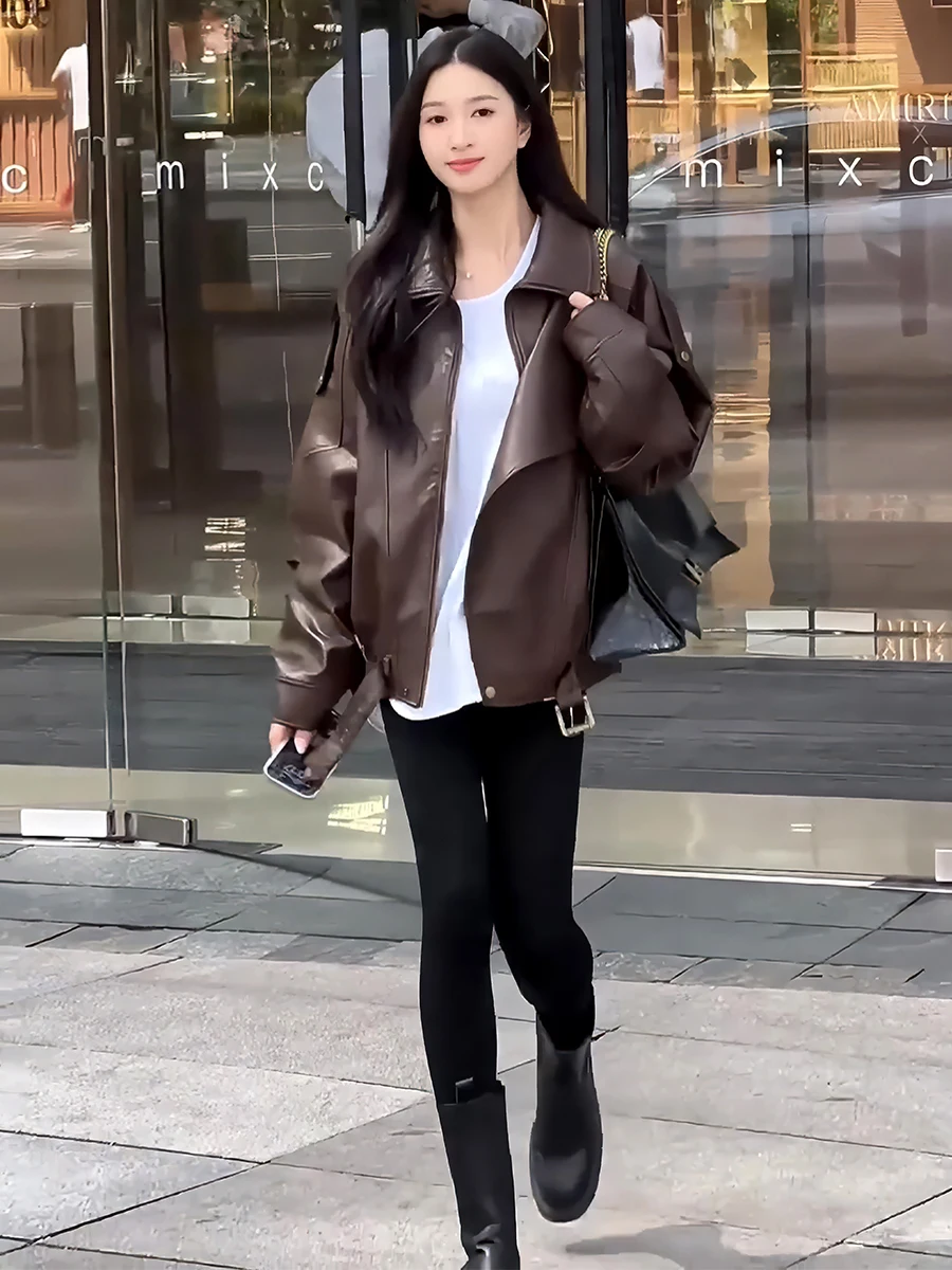 アメリカンレトロレザージャケット長袖スタンドカラーレディースコート不規則デザイン春の新作高級感