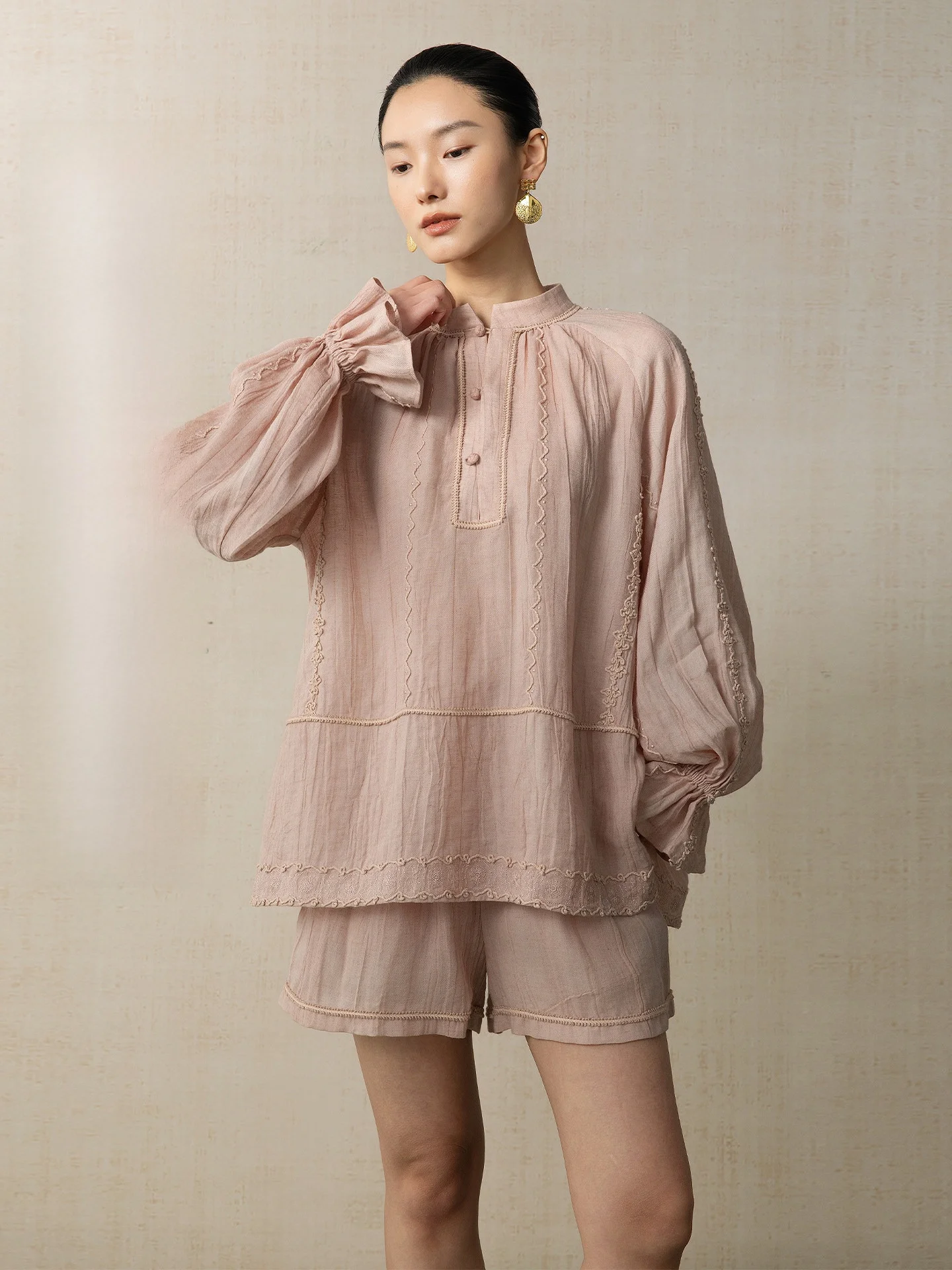 

New Chinese Style Half Open Collar Lace Embroidery Women's Shirt Loose Fit Long Sleeve Breathable Comfortable Daily Wear