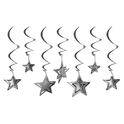 Aydınlı Party 3 Dimensional Spiraled Gümüş Color Star Shaped Ceiling Hangings Süsü 10 PCs