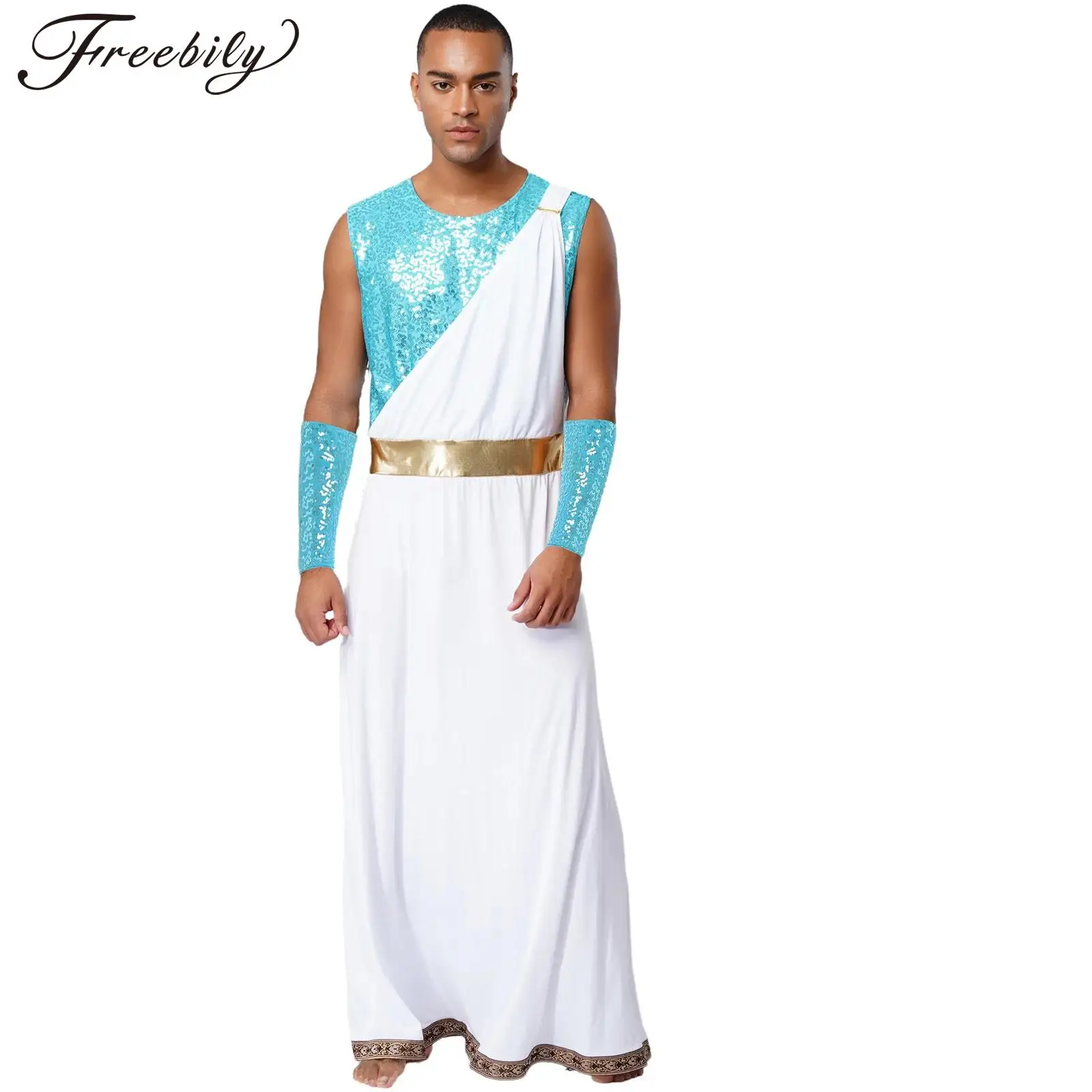 

Мужской греческий римский костюм Сенатора для косплея на Хэллоуин, карнавал, вечерние нарядное платье с блестками, халат с золотым поясом