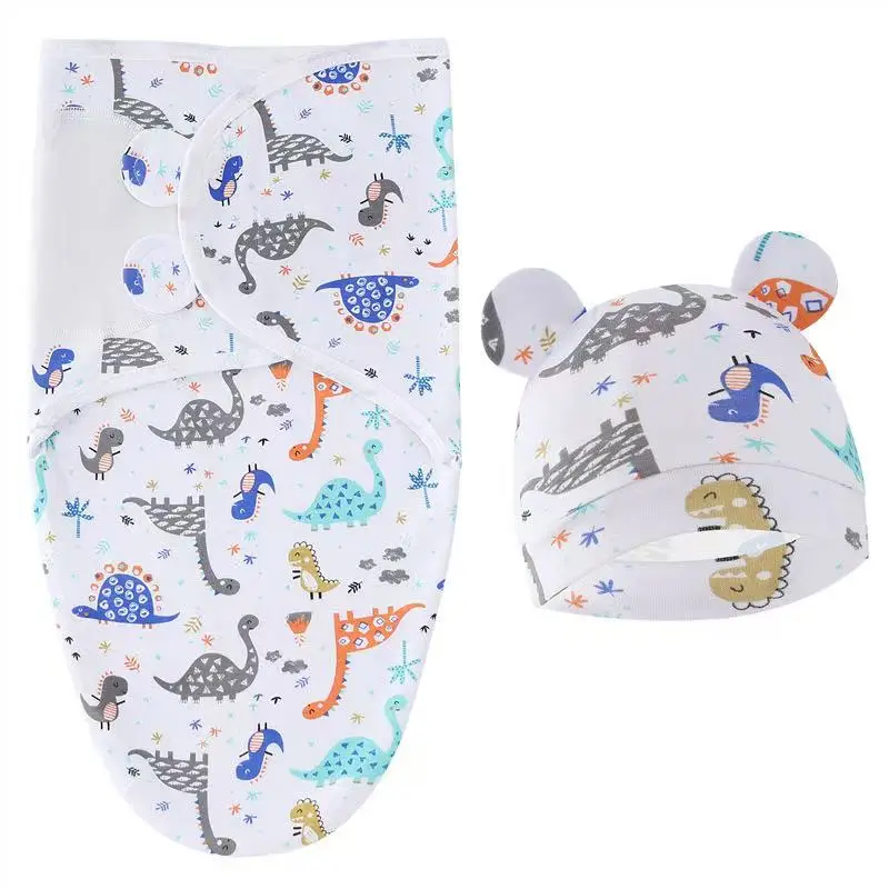 طفل بطانية طقم قبعات الكرتون المطبوعة القطن الوليد قماط قابل للتعديل الرضع النوم قماط يلتف جميع الفصول 0-6 أشهر #6