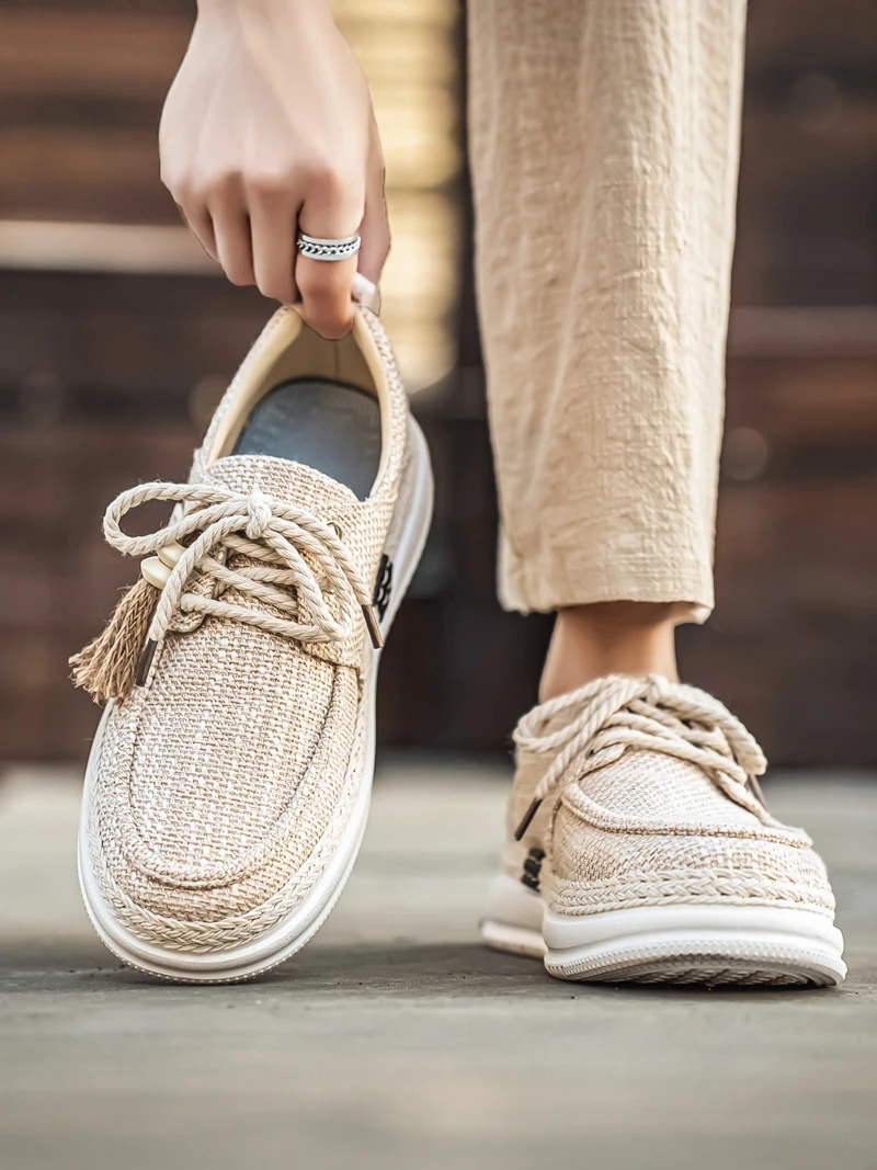 

Men's Summer Thin Breathable Grass Woven Fishing Boat Canvas Shoes Soft Bottom Not Tired Young Casual Driving Linen Shoes