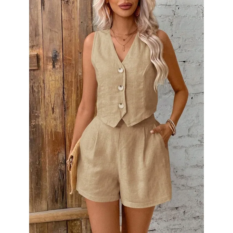 Two-piece Cross-border European American Women's Trade Sleeveless Plus-size Women's Clothing Solid-color Button Vest Set Women