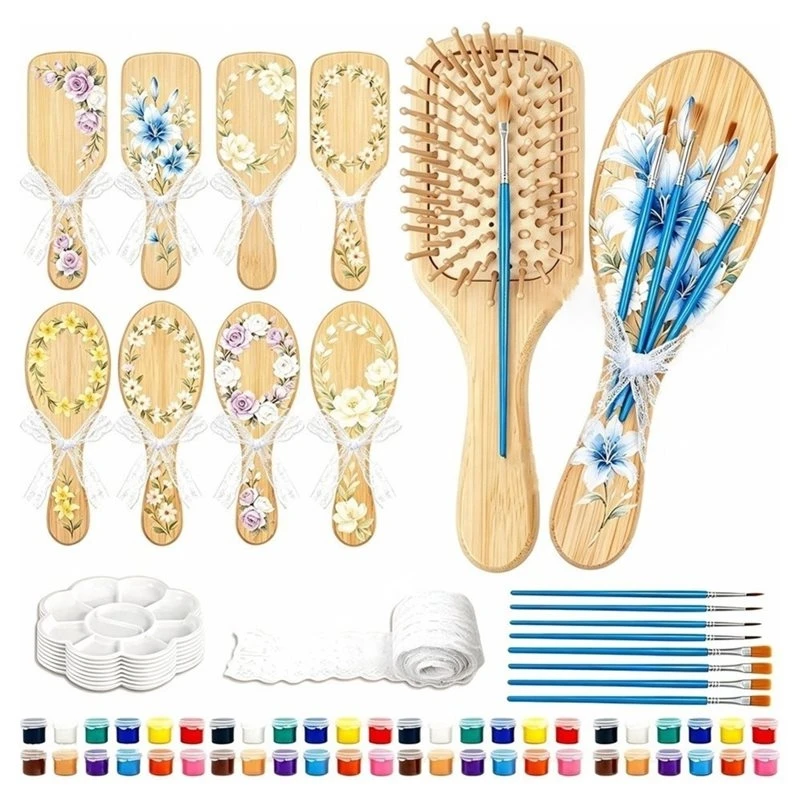 A94E-Make Your Own Hairbrush DIY Wooden Hairbrush Painting Kit For Girls Night Party For Birthday Decorate Brushes