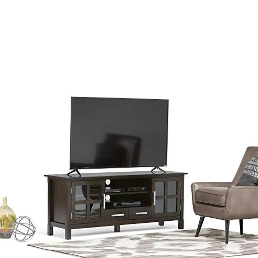 Wood TV Media Stand Storage Cabinet Glass Doors 60 Inch Contemporary Living Room Entertainment Center