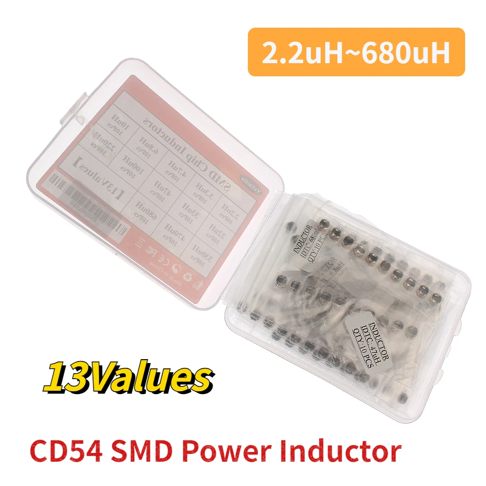 130pcs CD54 SMD Power Inductor Kit Diy Electronics 13Values 2.2uH~680uH Chip Inductors High Quality CD54 Wire Wound Chip