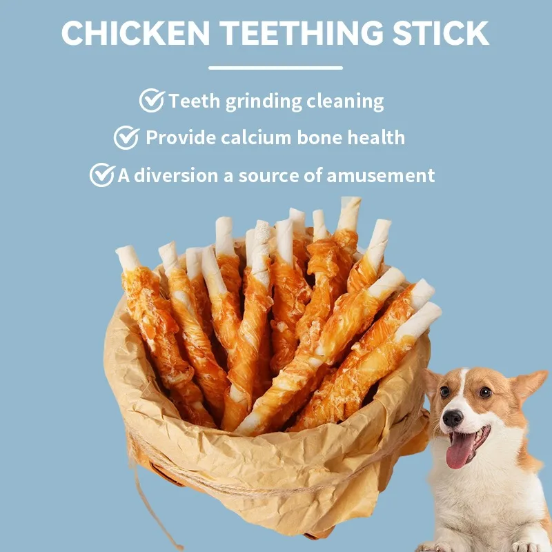 Pet Snacks para limpeza dos dentes, moagem vara, envoltório de frango, couro, jerky Teddy, alimentos frescos, suplemento de cálcio, 100g