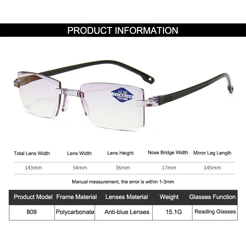 ผู้ชาย Multifocal Rimless แว่นตาอ่านชาย Blue Light Blocking แว่นตา Bifocal สายตายาวแว่นตา Diopters + 1.0 ถึง + 4.0