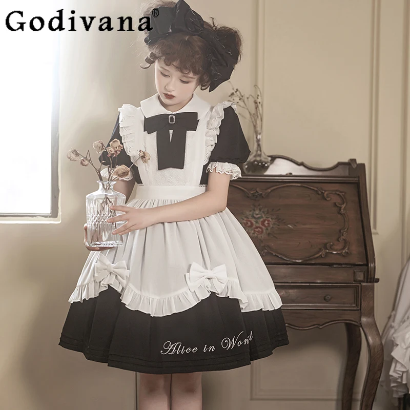 Summer Op Lolita Sweet Dress for Women Short Sleeve Bow Collar Blue Princess Dress Female A Line Cosplay Short Dress