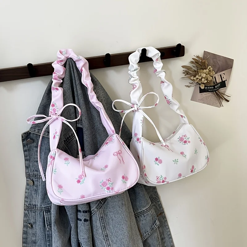 Women's Shoulder Bag, Pink Floral Print, Bow Decoration, Adjustable Shoulder Strap, Zipper Closure, Lightweight Material, Smooth Texture, Multi-Purpose for Shoulder, Crossbody, and Hand Carry, Suitable for Commuting, Travel, and Daily Use, Available in White/Black, Women's Crossbody Bag