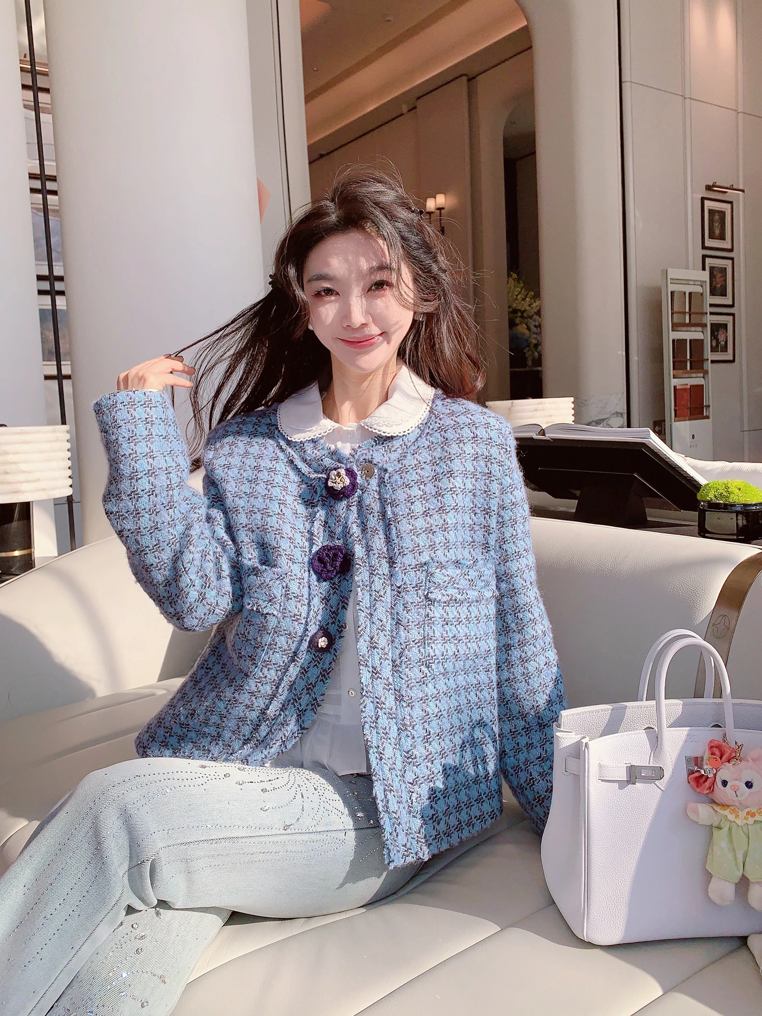 

MissLuxury Early Spring Women's ort Woolen Coat Plaid Blue Ele Ladylike Lightweight Luxury Sle Stand Fit Long Sve