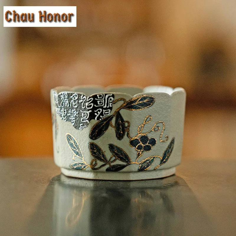 100ML Blue And White Flint Red Teacup Handmade Gold Drawing Branch Lotus Tea Bowl Cup Tea Smelling Cup Coffee Mug Tea Ceremony