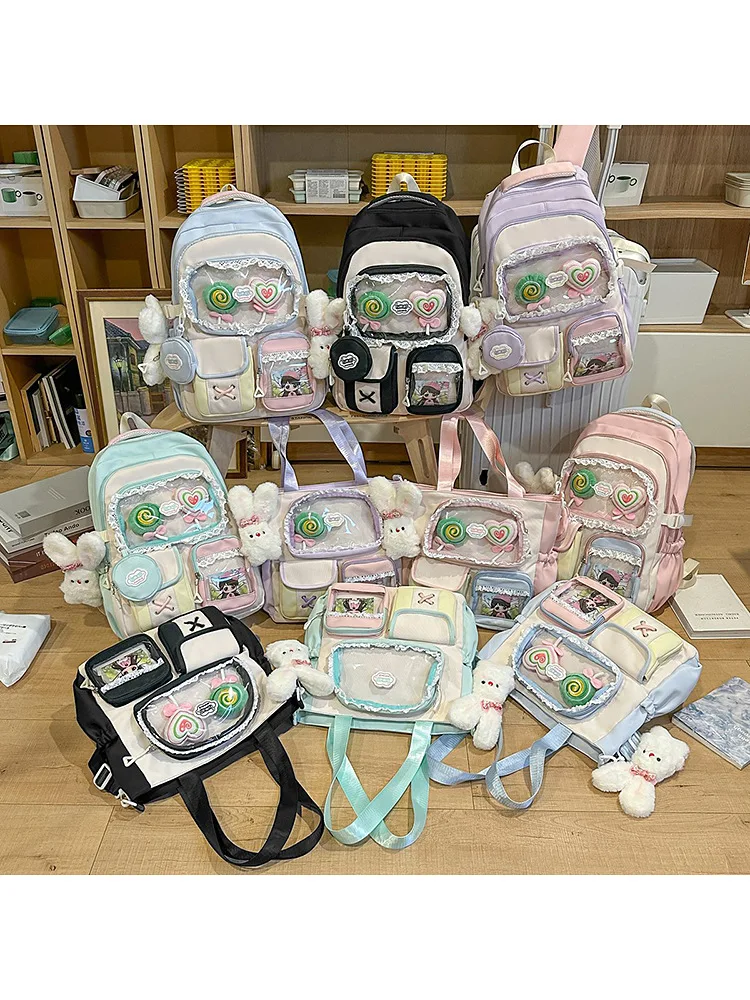 Sweet Cool Color Block Ita Bag Backpack Transparent Display Layer Large Capacity School Bag Teen Middle High College Girls