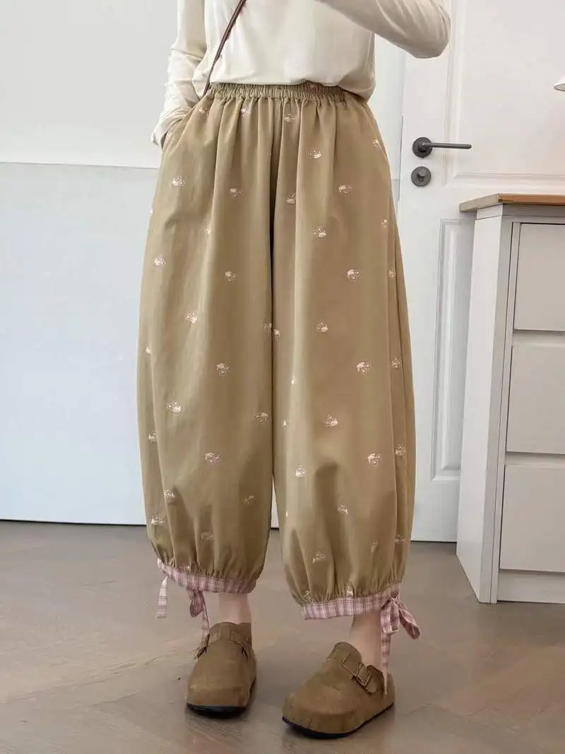 New 2026 Spring Women Cotton Harem Pants, Elastic Waist Embroidery Plaid Patchwork, Mori Girl French Vintage Trousers B61456CC