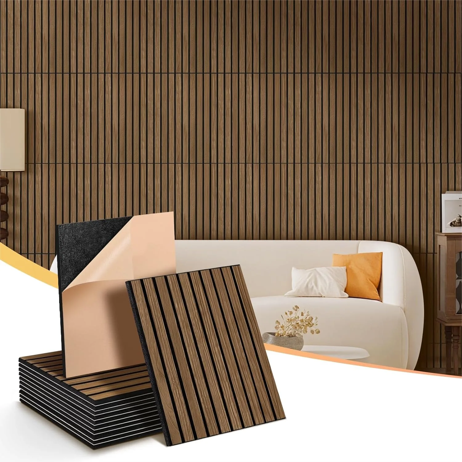 Acoustic Wall Panels 12 Pack, 16 Sq Ft Coverage, Self-Adhesive Walnut Soundproof Panels for Home Office & Recording Studio