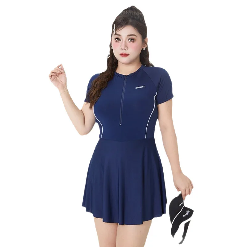 Plus Size Women Sport One Piece Swimsuit Short Sleeve Zipper Skirted Swimwear Summer Beach Bathing Suit For Curvy Ladies