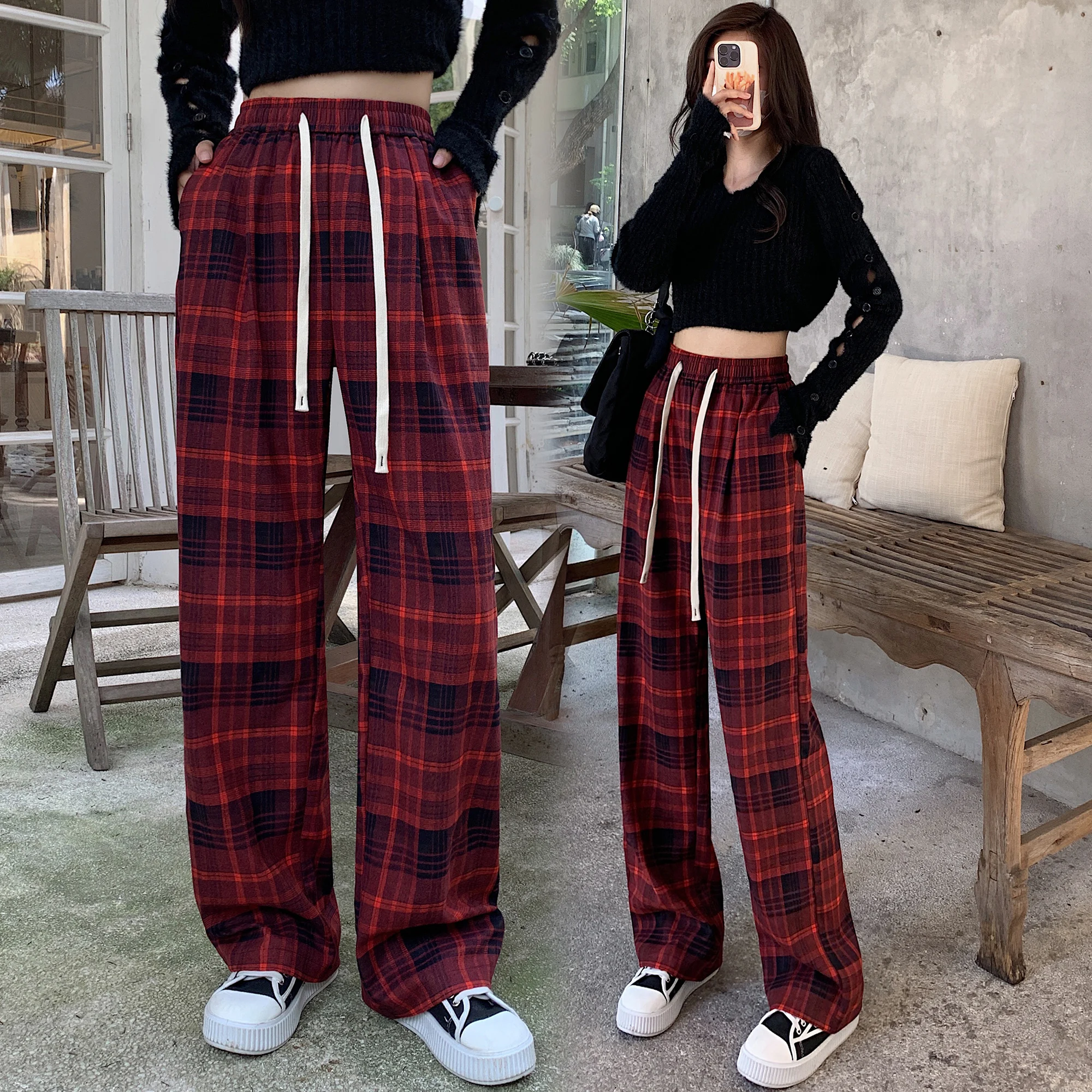 2024 Spring Retro Lazy Style Contrast Red Checkered Pants Children's Korean Edition High Waist Slim and Slimming Wide Leg Pants