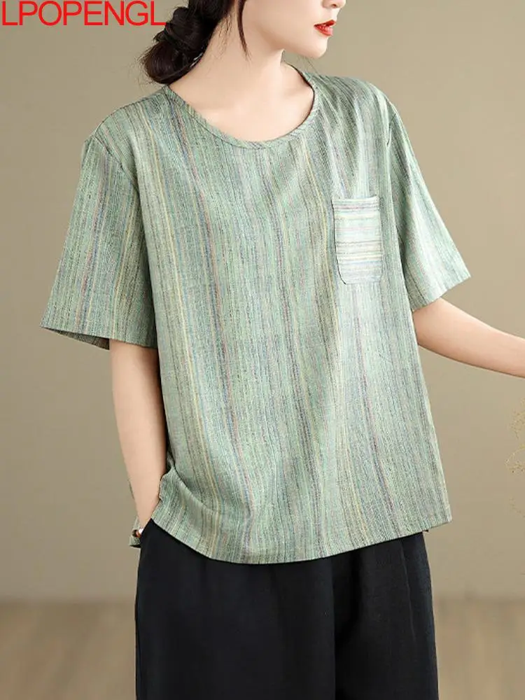 2026 Fashion New Retro Color Striped Top Women's Summer Single Side Pocket T-shirt Short Sleeve Distressed Pullover O-neck Shirt