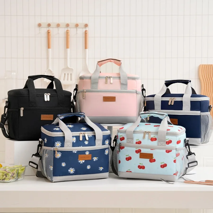 Double Compartment Insulated Lunch Bag Large Capacity Portable Handheld Shoulder Food Tote for Work School Picnic